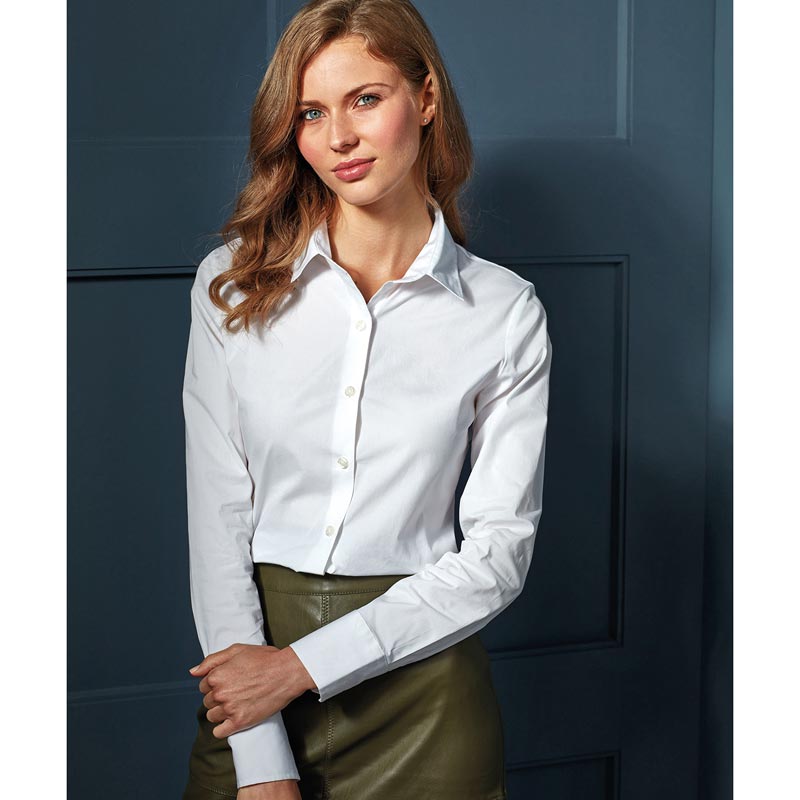 Women's stretch fit cotton poplin long sleeve blouse - Pale Blue XS